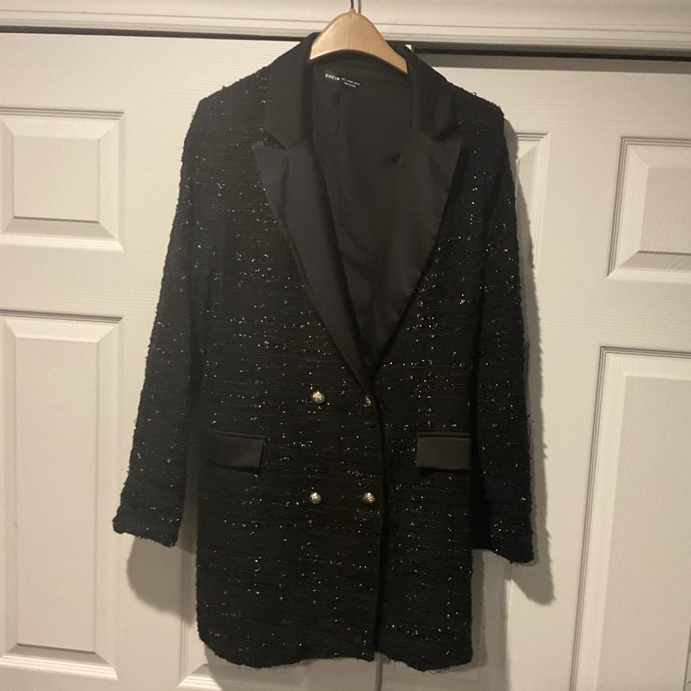 SHEIN Double Breasted Black Knit Military Tuxedo Jacket Dress Blazer Y2K sz L